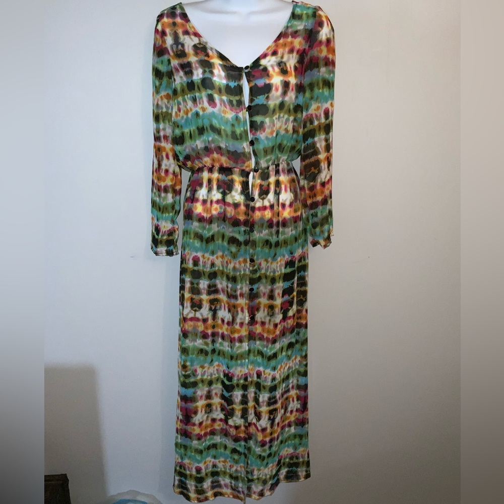 Zoe Baer Rainbow Tie Dyed Long Sleeve Button Down Maxi Duster Sz S